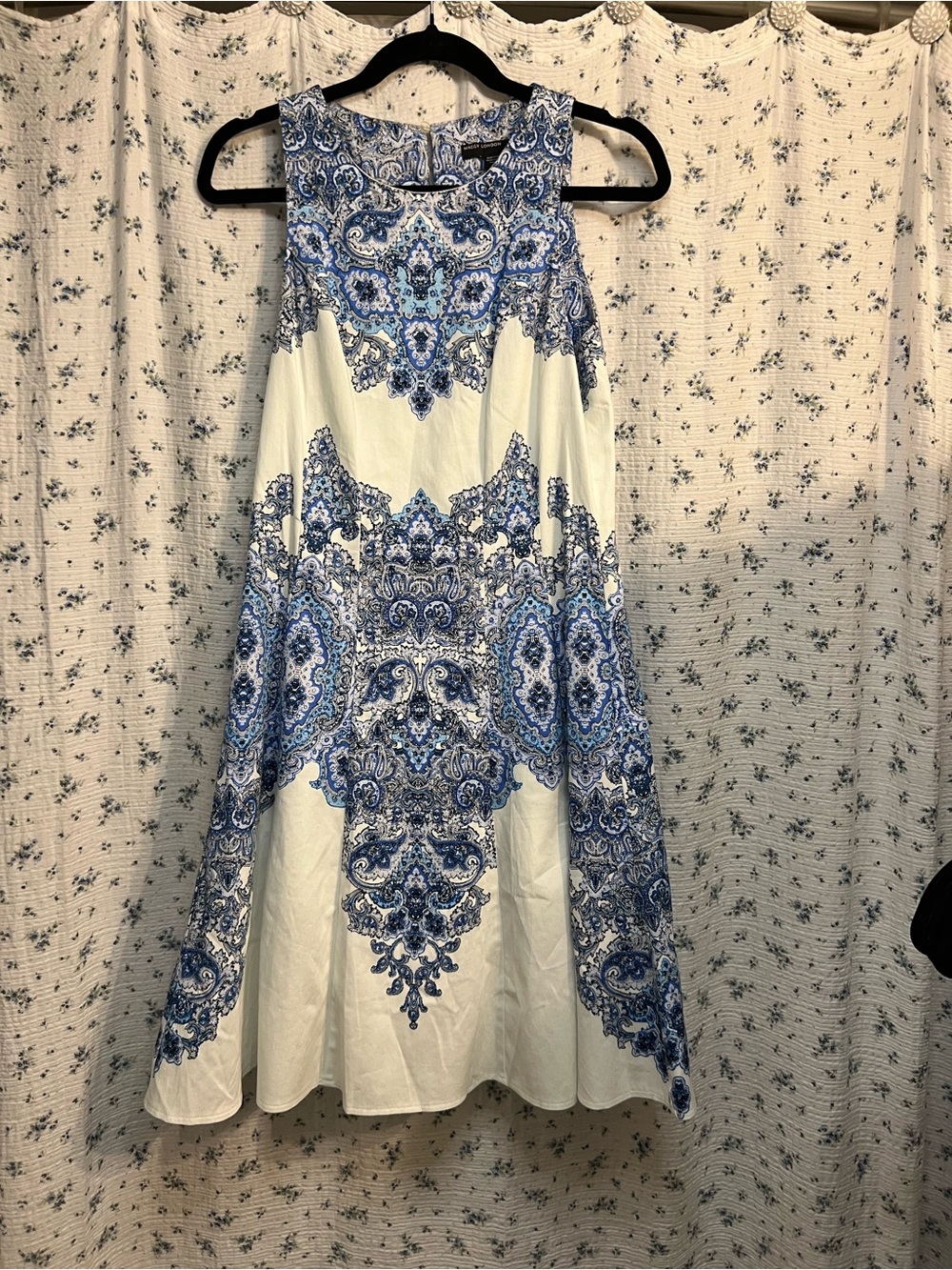 Maggy London White Midi Dress with Blue Ornate Medallion Print